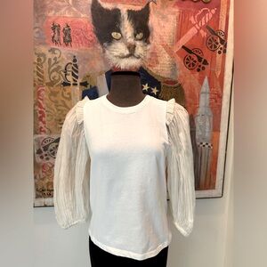 SEA NY white cotton & Silk top with crystal pleated sheer balloon sleeves sz S